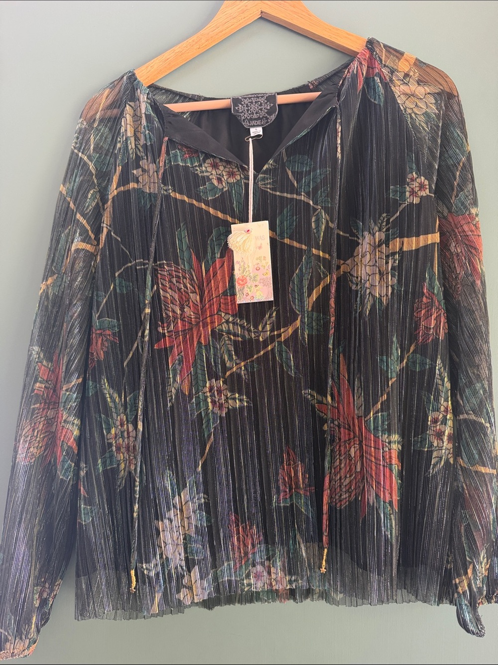 Johnny Was Black Sheer Pleated Floral Blouse with Red and Green Accents